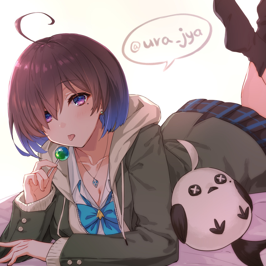 1girl ahoge alternate_costume alternate_hair_color artist_name atelier_(series) atelier_yumia black_hair black_socks blue_bow blue_hair bow breasts candy cleavage collarbone collared_shirt commentary_request food gradient_hair green_hoodie hair_between_eyes highres holding holding_candy holding_food holding_lollipop hood hoodie jewelry large_breasts lollipop looking_at_viewer lying mole mole_under_eye multicolored_hair necklace no_shoes on_bed on_stomach open_clothes open_hoodie plaid_clothes plaid_skirt pleated_skirt purple_eyes shirt simple_background skirt sleeves_past_wrists socks solo stuffed_animal stuffed_bird stuffed_toy tongue tongue_out twitter_username two-tone_hair ura_jya white_background white_shirt yumia_liessfeldt