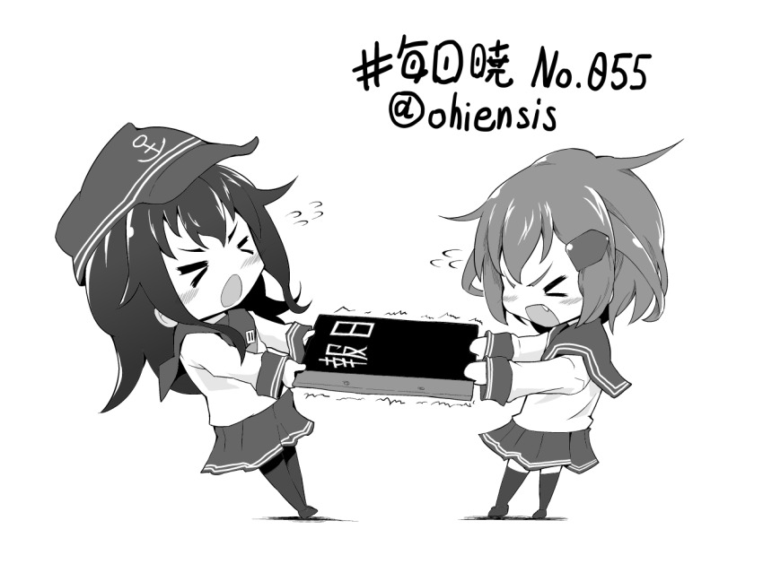 &gt;_&lt; 2girls akatsuki_(kancolle) anchor_symbol catfight chibi commentary_request fang flying_sweatdrops folder greyscale hair_ornament hairclip hat ikazuchi_(kancolle) kantai_collection monochrome multiple_girls ohiensis pantyhose peaked_cap pulling school_uniform serafuku thighhighs translation_request