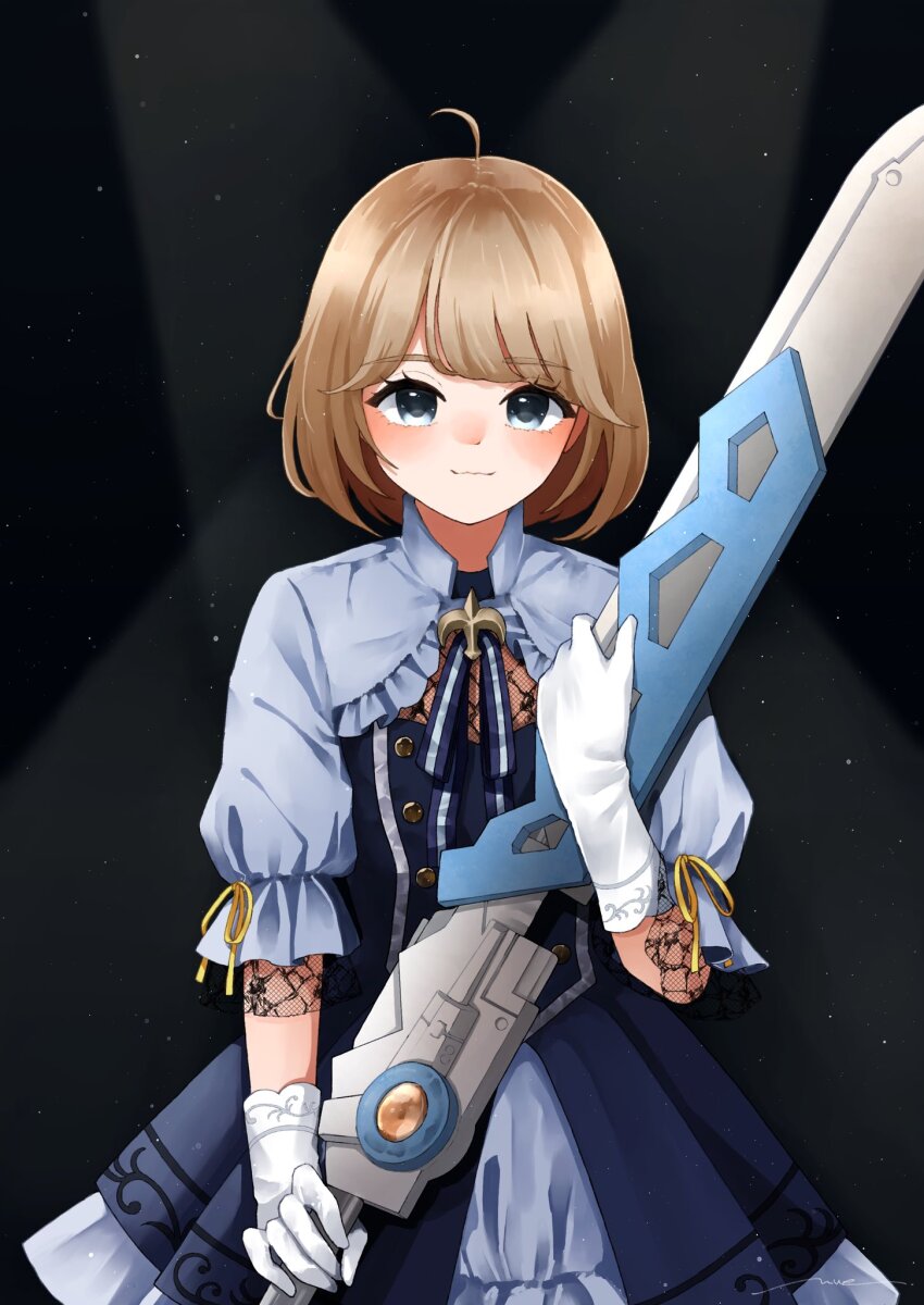 1girl ahoge amahara_nue assault_lily black_background black_dress black_ribbon blue_eyes blush brown_hair closed_mouth commentary_request cowboy_shot dress frilled_sleeves frills futagawa_fumi gloves grey_dress grey_ribbon hand_up highres holding holding_sword holding_weapon layered_dress light_particles looking_at_viewer neck_ribbon official_alternate_costume ribbon short_hair simple_background sleeve_ribbon three-quarter_sleeves smile solo standing striped_ribbon sword two-tone_dress weapon white_gloves yellow_ribbon
