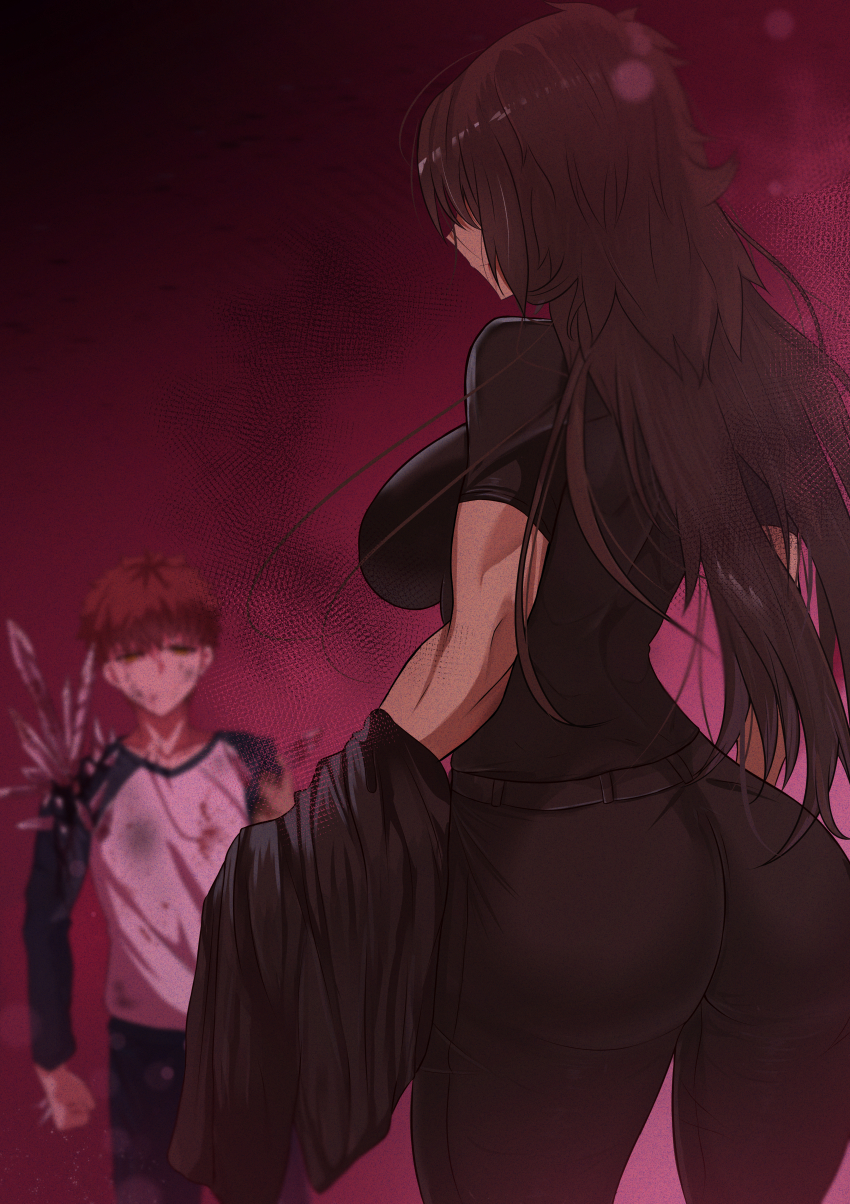 1boy 1girl absurdres ass ass_focus back back_focus bad_id bad_pixiv_id bare_back bent_over black_hair breasts butt_crack command_spell dark_persona emiya_shirou facing_away fate/stay_night fate_(series) from_behind genderswap genderswap_(mtf) hair_lift hands_up heaven&#039;s_feel highres huge_ass jewelry katana kotomine_kirei large_breasts male_focus necklace planted planted_sword planted_weapon purple_background raglan_sleeves red_hair red_ribbon ribbon scar shokobr sideboob simple_background solo sword thighhighs thighs topless_female upper_body weapon