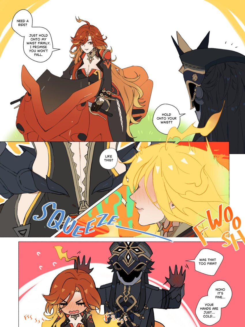 1boy 1girl blush bodysuit breasts capitano_(genshin_impact) claws cleavage closed_eyes english_text fiery_hair genshin_impact gloves hand_on_another&#039;s_hip highres hip_vent long_hair mask mavuika_(genshin_impact) motor_vehicle motorcycle open_mouth red_hair riding sgrimp speech_bubble very_long_hair wavy_mouth