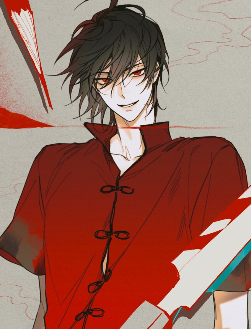 1boy black_hair daiba_shizuma grey_background hair_between_eyes highres knife looking_at_viewer male_focus medium_hair nut_gt ooe_(game) parted_lips red_eyes red_shirt shirt short_sleeves smile upper_body