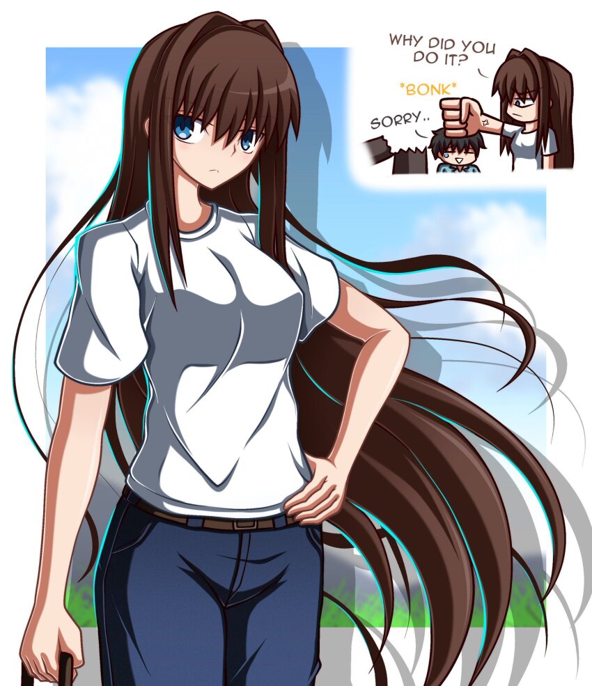 1boy 1girl anger_vein aozaki_aoko belt blue_eyes breasts brown_hair chibi chibi_inset denim hair_intakes highres hitting jeans long_hair looking_at_viewer mahou_tsukai_no_yoru pants rolling_suitcase scene_reference shirt solo solo_focus suitcase tohno_shiki tsukihime type-moon very_long_hair white_shirt zeon132
