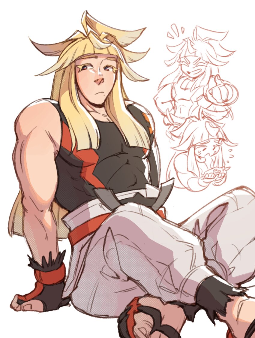 1boy absurdres arm_support belt black_gloves black_sandals blonde_hair blunt_bangs brown_eyes closed_eyes colored_eyelashes commentary crossed_legs english_commentary fingerless_gloves full_body gen_4_pokemon gloves hand_on_own_hip hands_up highres ivor_(pokemon) long_hair looking_to_the_side male_focus multiple_views muscular muscular_male nintendo notice_lines pants partially_colored pokemon pokemon_legends:_z-a puffy_pants red_belt rotom rotom_phone sandals shirt sitting skin_tight sleeveless sleeveless_shirt smile teliivision thumbs_up white_background white_pants