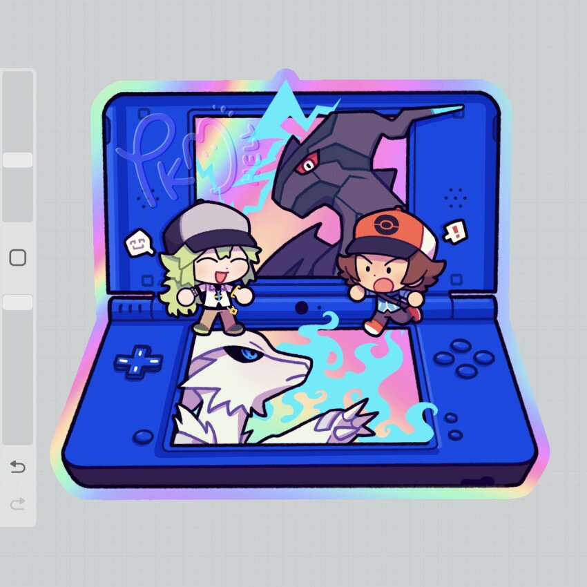 ! 2boys :d :o ^_^ art_program_in_frame baseball_cap black_sclera blue_eyes chibi chibi_only closed_eyes colored_sclera commentary english_commentary gen_5_pokemon green_hair grey_background handheld_game_console hat highres hilbert_(pokemon) legendary_pokemon long_hair male_focus multiple_boys n_(pokemon) nintendo nintendo_ds open_mouth poke_ball_print pokemon pokemon_(creature) pokemon_bw print_hat red_sclera reshiram smile solid_oval_eyes spoken_exclamation_mark spoken_expression submashell v-shaped_eyebrows yellow_eyes zekrom