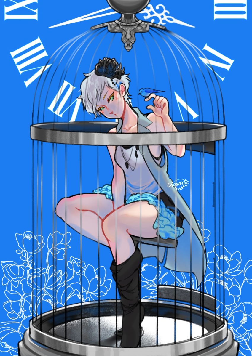 1girl aquaxtic artist_name bird birdcage black_boots black_flower blue_background blue_jacket blue_skirt bluebird boots cage clock colored_eyelashes commentary dahlia english_commentary flower green_eyes hair_flower hair_ornament highres jacket jewelry kyokugen_dasshutsu kyokugen_dasshutsu_adv:_zennin_shibou_desu mismatched_eyebrows mismatched_eyelashes necklace open_clothes open_jacket phi_(kyokugen_dasshutsu) roman_numeral shirt short_hair sitting skirt sleeveless sleeveless_jacket sleeveless_shirt solo very_short_hair white_hair white_shirt