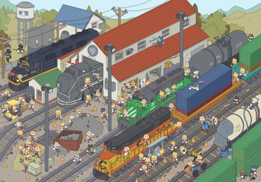 19vodnik 6+girls absurdres animal_ears bird blonde_hair body_armor bomb carnival_phantasm cat_ears cat_tail chicken cosplay counter-strike_(series) diesel_locomotive egg explosive freight_train graffiti gun highres holding holding_gun holding_weapon locomotive long_hair multiple_girls neco-arc nest niko_(oneshot) nuclear_weapon oneshot_(game) power_lines railroad_signal railroad_tracks red_eyes s.w.a.t. scout_(tf2) scout_(tf2)_(cosplay) short_hair skirt smile sunglasses tail team_fortress_2 terrorist train train_station train_station_platform type-moon weapon