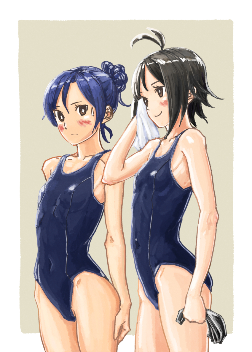 2girls antenna_hair arm_up bare_arms black_hair blue_hair blue_one-piece_swimsuit blush border breasts brown_background brown_eyes closed_mouth commentary_request covered_navel cowboy_shot hair_bun highres holding holding_towel idolmaster idolmaster_(classic) kikuchi_makoto kisaragi_chihaya looking_at_another multiple_girls new_school_swimsuit one-piece_swimsuit ooeyama_ken outside_border school_swimsuit short_hair single_hair_bun small_breasts smile standing sweatdrop swimsuit towel white_border