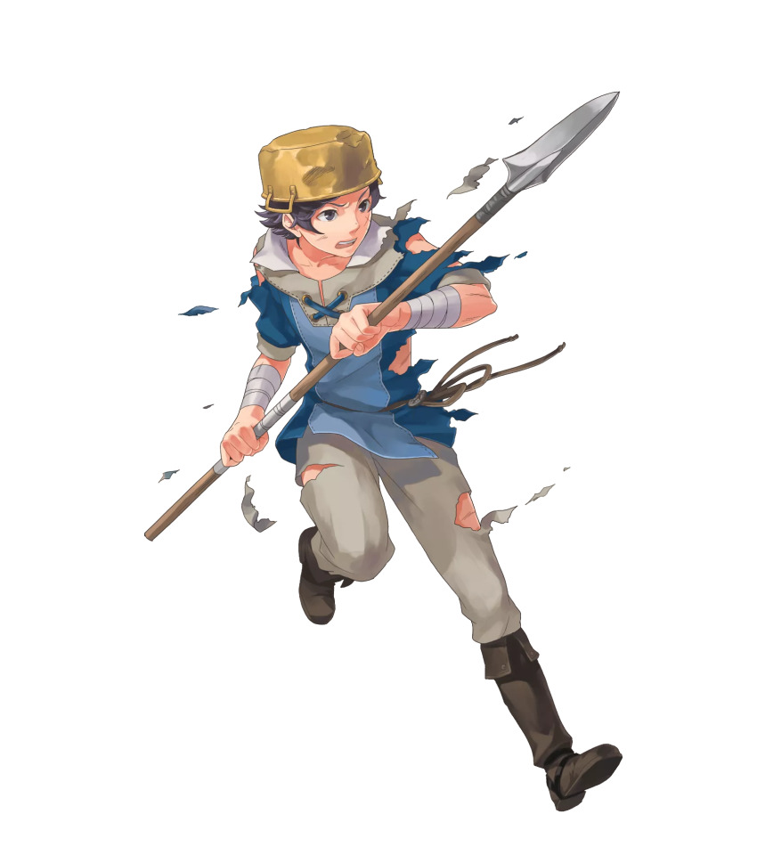 1boy bandaged_wrist bandages black_eyes black_hair blue_shirt boots brown_footwear cross-laced_clothes cross-laced_top cross_scar donnel_(fire_emblem) fire_emblem fire_emblem_awakening fire_emblem_heroes highres leather leather_boots nintendo official_art okaya_mrh pants pot_on_head scar scar_on_face shirt sleeves_rolled_up third-party_source torn_clothes transparent_background