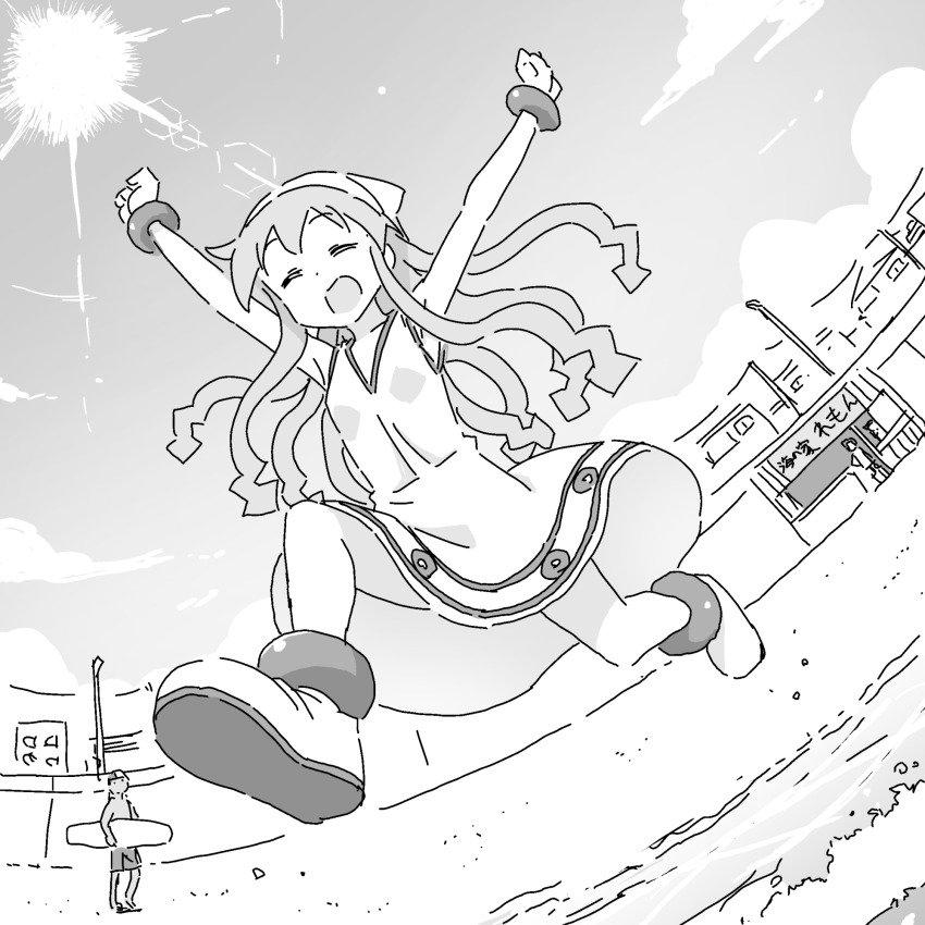 1girl anbe_masahiro arms_up bracelet child closed_eyes greyscale hat highres ikamusume jewelry monochrome official_art prehensile_hair running shinryaku!_ikamusume solo_focus squid_girl squid_hat tentacle_hair tentacles v-neck