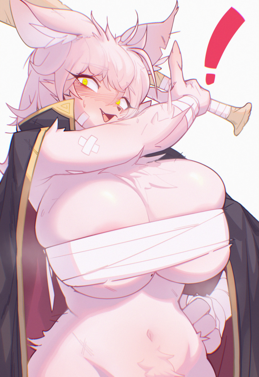 ! 1girl 3gs :3 animal_ear_fluff animal_ears animal_nose areola_slip arm_up arm_wrap bandage_on_face bandages baseball_bat blush body_fur bottomless breasts budget_sarashi cape chromatic_aberration constricted_pupils fang female_focus furry furry_female hair_between_eyes hand_on_own_hip happy high_collar holding holding_baseball_bat horizontal_pupils huge_breasts long_hair looking_at_viewer mature_female messy_hair navel nose_blush notched_ear open_mouth original pink_fur pink_hair sarashi scratches sidelocks simple_background skindentation smile solo standing stomach sweat two-sided_cape two-sided_fabric upper_body white_background yellow_eyes yellow_trim