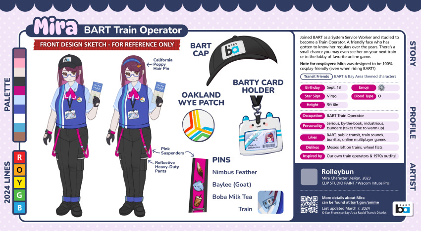 1girl artist_name baseball_cap bay_area_rapid_transit black_gloves black_hat black_pants black_shoes blue_hairband blue_shirt blue_vest brown_eyes character_name collared_shirt color_guide dated english_text full_body glasses gloves hairband hat height highres holding holding_map id_card julie_(rolleybun) lanyard long_hair map mira_(bart) multiple_views necktie pants pink_necktie qr_code red_hair reference_sheet semi-rimless_eyewear shirt shoes short_sleeves under-rim_eyewear vest