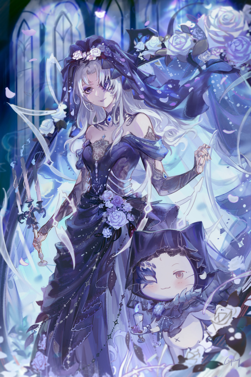 1girl 1other absurdres bare_shoulders black_dress black_veil blue_fire blue_gemstone breasts bridal_veil candle candlestand commentary csyday dress english_commentary eyeshadow falling_petals fire flower gem hair_flower hair_ornament highres holding_candlestand infinity_nikki lipstick long_dress long_hair looking_at_viewer makeup medium_breasts momo_(nikki) nameless_selfless_(infinity_nikki) nikki_(series) off-shoulder_dress off_shoulder one_eye_covered parted_lips petals purple_eyes purple_eyeshadow purple_lips signature smile veil white_hair window