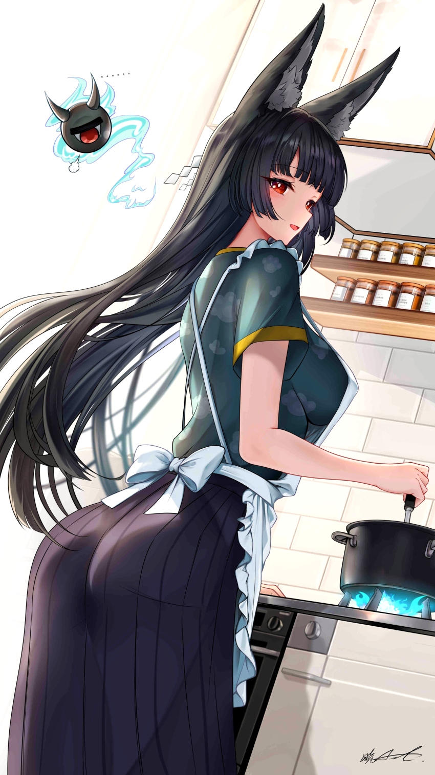 1girl absurdres animal_ear_fluff animal_ears apron ass black_hair black_skirt blunt_bangs breasts cabinet chinese_commentary commentary_request cooking cooking_pot fox_ears fox_girl frilled_apron frills from_behind green_shirt gxws highres hoshimi_miyabi kitchen_range large_breasts long_hair looking_at_viewer looking_back oven parted_lips shirt signature skirt solo stove tailless_(zenless_zone_zero) very_long_hair white_apron zenless_zone_zero