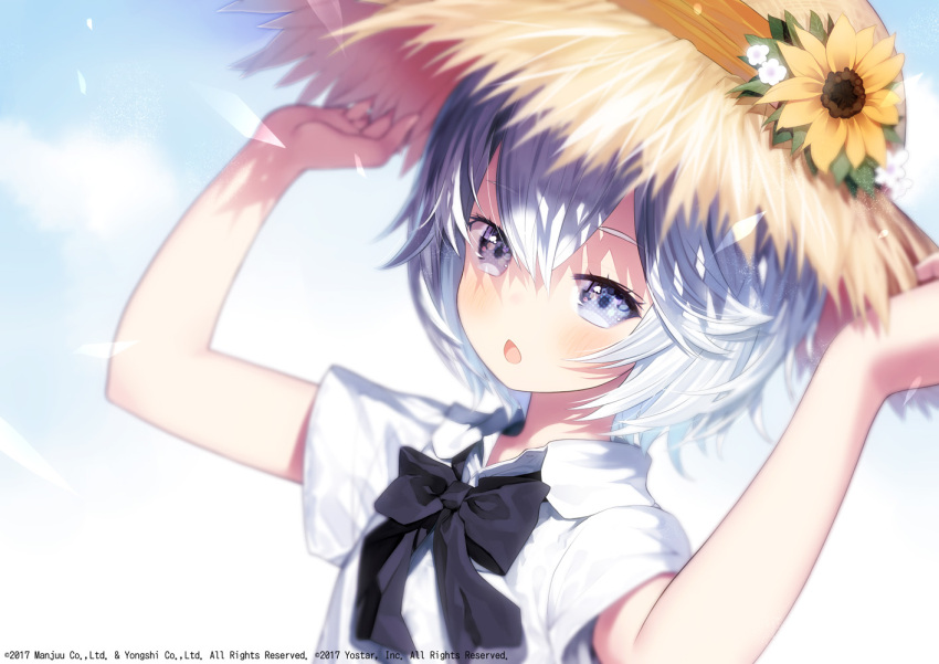 1girl arms_up azur_lane black_bow blue_sky bow brown_hat capriccio chestnut_mouth cloud collared_shirt commentary_request day flower grey_eyes grey_hair hair_between_eyes hands_on_headwear hat hat_flower looking_at_viewer open_mouth outdoors shirt short_sleeves sky solo straw_hat sunflower u-110_(azur_lane) upper_body white_flower white_shirt yellow_flower