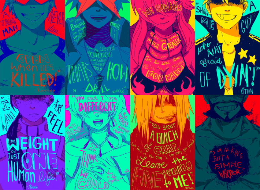 2girls 6+boys beard bikini bikini_top_only breasts character_name cleavage core_drill covered_eyes earrings english_text facial_hair glasses grin hair_over_eyes jewelry kamina_(ttgl) kittan_bachika long_hair lordgenome medium_breasts multiple_boys multiple_girls necklace nia_teppelin omocat open_mouth rossiu_adai scarf simon_(ttgl) simple_background smile star_(symbol) swimsuit teeth tengen_toppa_gurren_lagann viral_(ttgl) yoko_littner