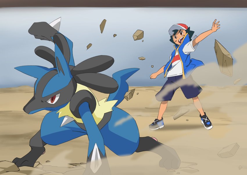 1boy :d ash_ketchum baseball_cap black_footwear black_hair blue_jacket brown_eyes commentary_request gen_4_pokemon hat highres jacket lucario male_focus nintendo open_mouth outstretched_arms pokemon pokemon_(anime) pokemon_(creature) pokemon_journeys red_headwear rock shirt shoes short_hair short_sleeves shorts sleeveless sleeveless_jacket smile sneakers standing t-shirt teeth tongue upper_teeth_only white_shirt yusuke_oshida