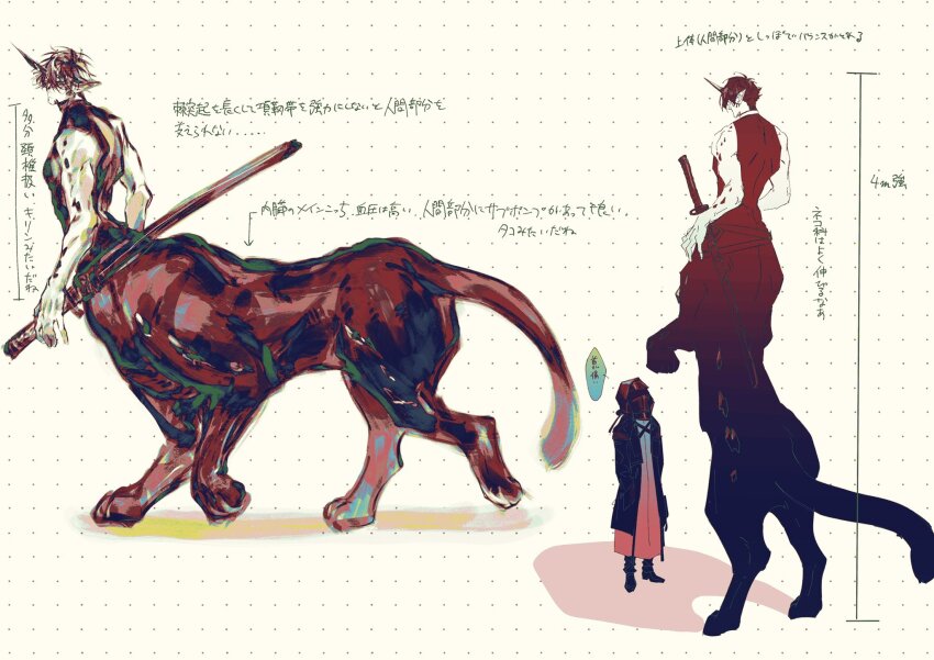 1boy 1other arknights centauroid commentary_request doctor_(arknights) flamebringer_(arknights) highres horns katana m10_(lycos_zzz) material_growth monster_boy multiple_views oripathy_lesion_(arknights) panther_boy pointy_ears rearing shirt short_hair sleeveless sleeveless_shirt sword taur toned toned_male translation_request walking weapon yellow_background