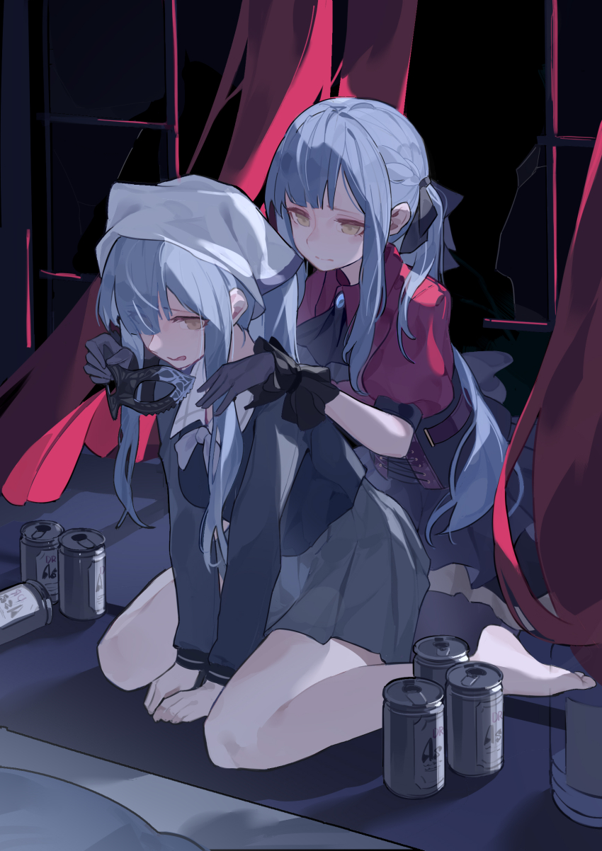 absurdres asahi_breweries bandana bang_dream! bang_dream!_it&#039;s_mygo!!!!! barefoot beer_can black_gloves blue_hair braid broken_window can collared_shirt crying curtains drink_can dual_persona gloves grey_skirt hair_ribbon high-waist_skirt highres long_hair long_sleeves mask neck_ribbon oblivionis_(bang_dream!) origami42169025 parted_bangs pleated_skirt ponytail puffy_short_sleeves puffy_sleeves putting_on_mask ribbon school_uniform shirt short_sleeves sidelocks sitting skirt togawa_sakiko torn_curtains tsukinomori_school_uniform wariza wrist_cuffs yellow_eyes