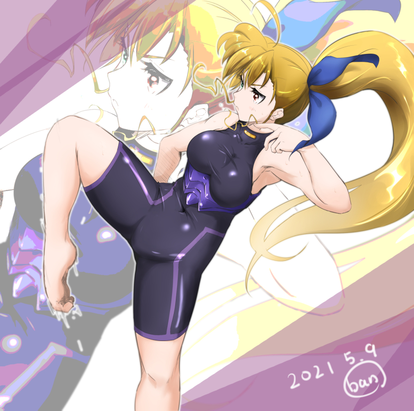 1girl ahoge armpit_peek artist_name ban_(777purin) bare_shoulders barefoot black_bodysuit blonde_hair blush bodysuit breasts covered_navel dated drama_layer hair_ornament hair_ribbon heterochromia highres kicking large_breasts long_hair lyrical_nanoha mahou_shoujo_lyrical_nanoha_strikers mahou_shoujo_lyrical_nanoha_vivid open_mouth ponytail ribbon solo sweat vivio