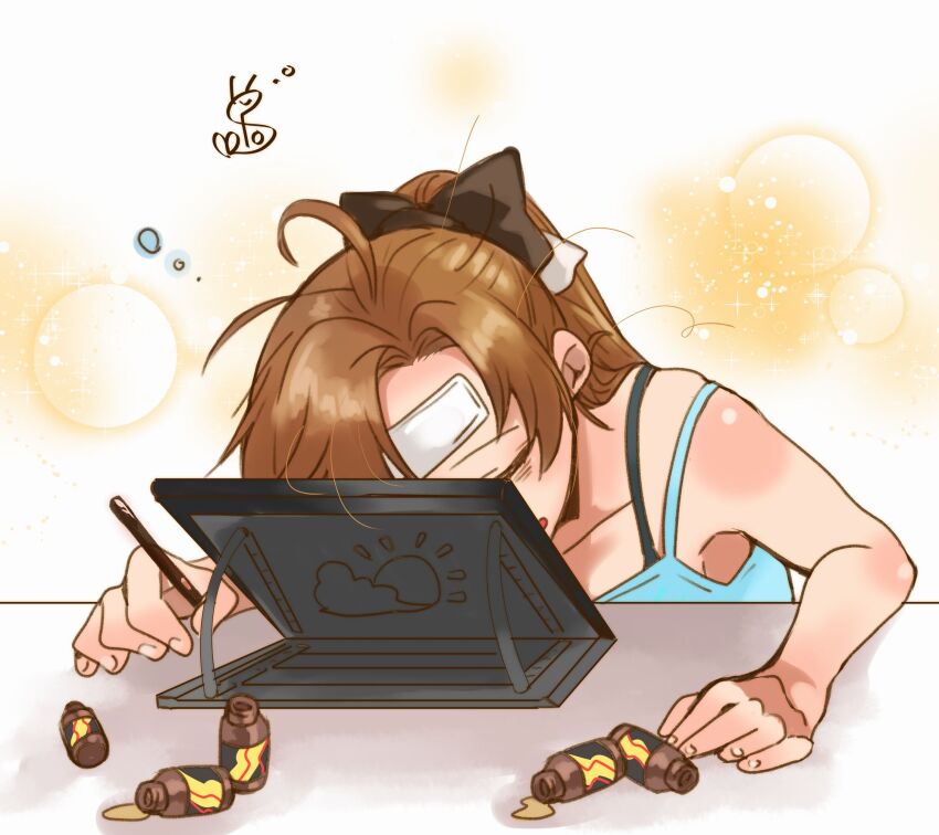 1girl akigumo_(comiket)_(kancolle) akigumo_(kancolle) bags_under_eyes black_bow bow brown_hair closed_eyes cold_pack commentary energy_drink hair_bow highres holding holding_stylus kantai_collection long_hair messy_hair oeoeuhoho ponytail signature sleeping sleeping_upright solo stylus tablet_pc