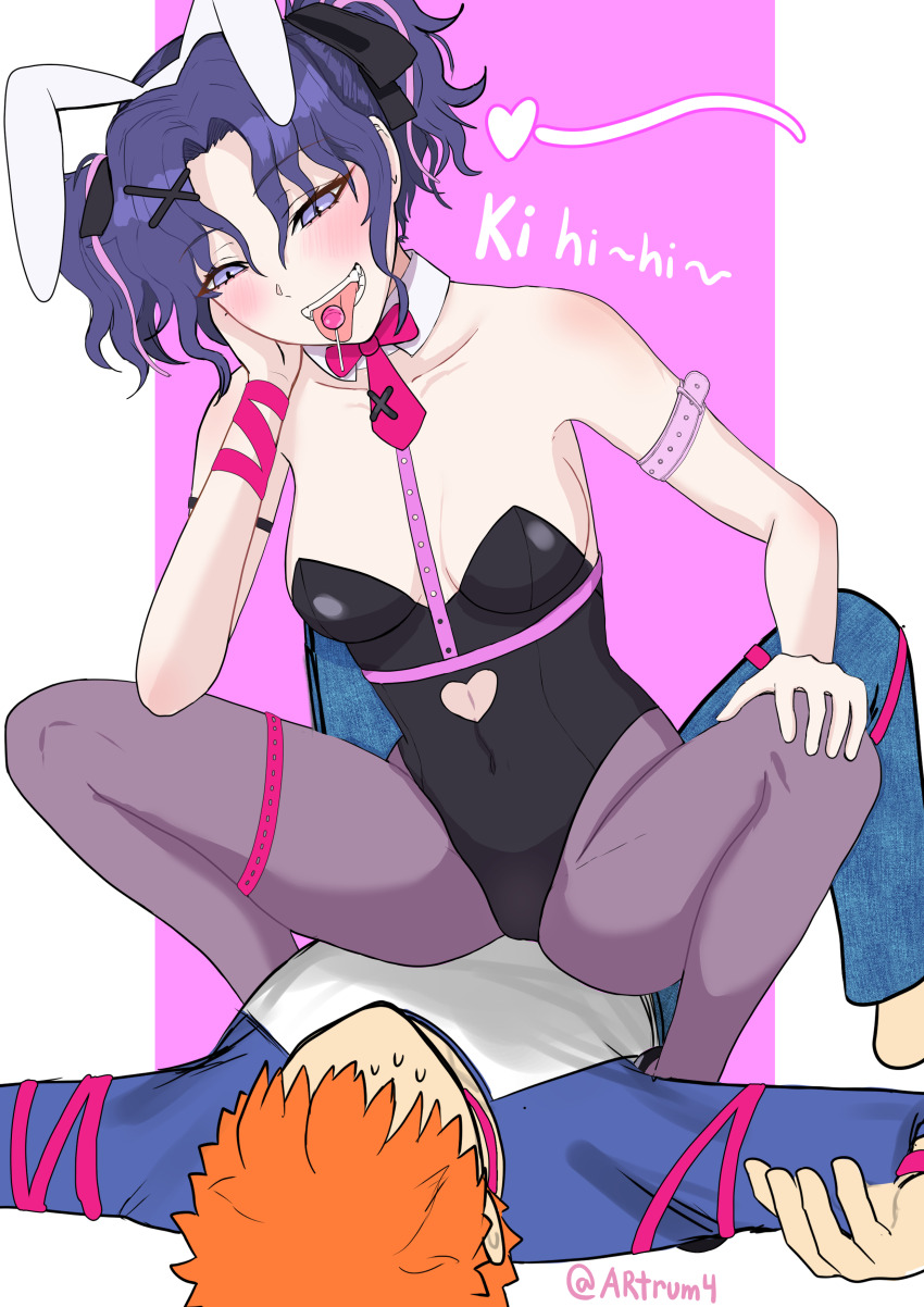 1boy 1girl absurdres alternate_costume animal_ears arm_strap artist_name artrum4 assertive_female bare_shoulders black_leotard black_shoes blue_eyes blue_hair blue_pants blue_sleeves blush border bow bowtie breasts candy cleavage clothing_cutout detached_collar emiya_shirou faceless fake_animal_ears fate/stay_night fate_(series) food genderswap genderswap_(mtf) giggling girl_on_top hair_between_eyes hair_bow hair_ornament hand_on_own_cheek hand_on_own_face hand_on_own_head hand_on_own_knee heart heart_cutout highres leotard lollipop lollipop_in_mouth long_sleeves lying matou_shinji medium_breasts medium_hair navel_cutout necktie on_back orange_hair pants pantyhose pink_background pink_bow pink_bowtie pink_necktie playboy_bunny purple_pantyhose rabbit_ears rabbit_hole_(vocaloid) shirt shoes short_hair short_twintails sideboob sidelocks slav_squatting smug solo_focus spread_legs squatting straddling strapless strapless_leotard sweat t-shirt thigh_strap tongue tongue_out twintails twitter_username two-tone_shirt vocaloid wavy_hair white_background white_border white_shirt x_hair_ornament