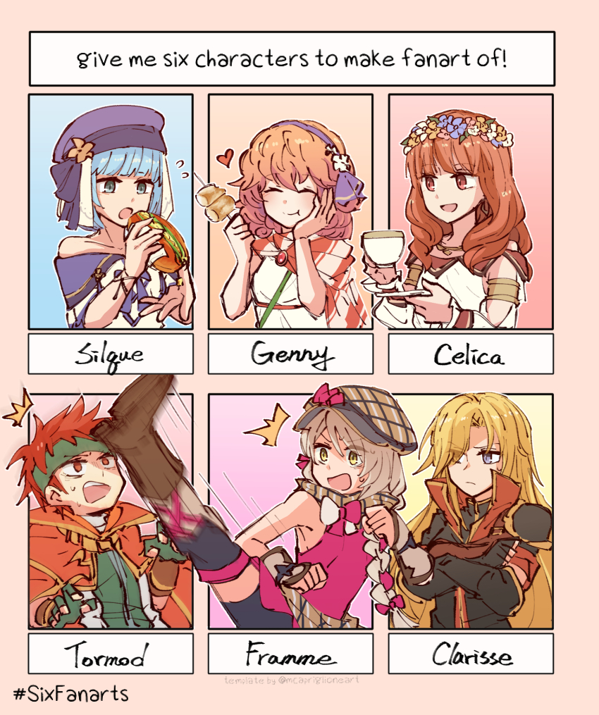 1boy 5girls :d alonemistrist armlet armor bare_shoulders black_gloves black_shorts blonde_hair blue_hair braid brown_footwear cape celica_(fire_emblem) celica_(valentine)_(fire_emblem) character_name clarisse_(fire_emblem) closed_mouth crossed_arms cup dress fingerless_gloves fire_emblem fire_emblem:_new_mystery_of_the_emblem fire_emblem:_radiant_dawn fire_emblem_echoes:_shadows_of_valentia fire_emblem_engage fire_emblem_heroes flower food framme_(fire_emblem) genny_(fire_emblem) genny_(picnic)_(fire_emblem) gloves green_gloves green_headband grey_eyes grey_hair hair_flower hair_ornament hair_over_one_eye hat headband heart high_kick highres holding holding_cup holding_food holding_plate holding_sandwich holding_skewer jewelry kicking long_hair looking_at_another multiple_drawing_challenge multiple_girls nintendo official_alternate_costume open_mouth orange_eyes orange_hair pink_shirt plaid_clothes plaid_headwear plate sandwich shirt short_hair shorts shoulder_armor silque_(fire_emblem) silque_(valentine)_(fire_emblem) single_braid six_fanarts_challenge skewer sleeveless sleeveless_dress sleeveless_shirt smile teacup tormod_(fire_emblem) very_long_hair white_dress yellow_eyes