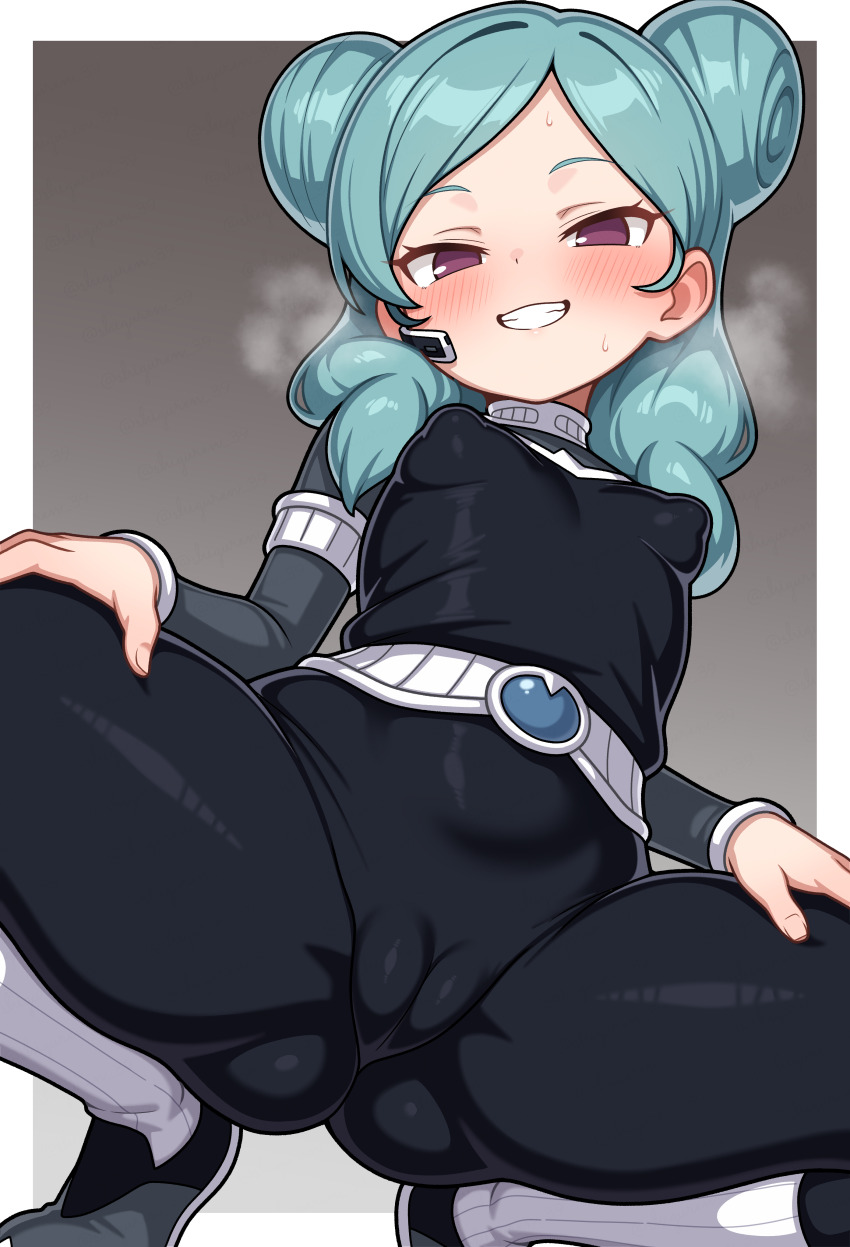 1girl absurdres beta_(inazuma_eleven) black_bodysuit blue_hair blush bodysuit breasts cameltoe covered_erect_nipples double_bun grin hair_bun highres inazuma_eleven_(series) inazuma_eleven_go long_hair looking_at_viewer parted_lips purple_eyes shiguren_39 small_breasts smile solo spread_legs squatting teeth twintails