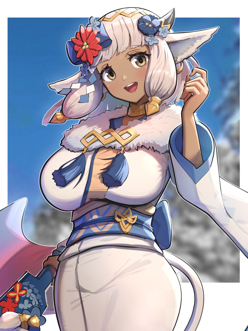 1girl animal_ears ash_(fire_emblem) ash_(new_year)_(fire_emblem) breasts cow_ears cow_girl cow_horns cow_tail dark-skinned_female dark_skin earrings fire_emblem fire_emblem_heroes fur-trimmed_kimono fur_trim gonzarez hagoita highres horns japanese_clothes jewelry kimono large_breasts long_hair looking_at_viewer nintendo official_alternate_costume open_mouth paddle smile solo tail teeth upper_teeth_only white_hair white_kimono