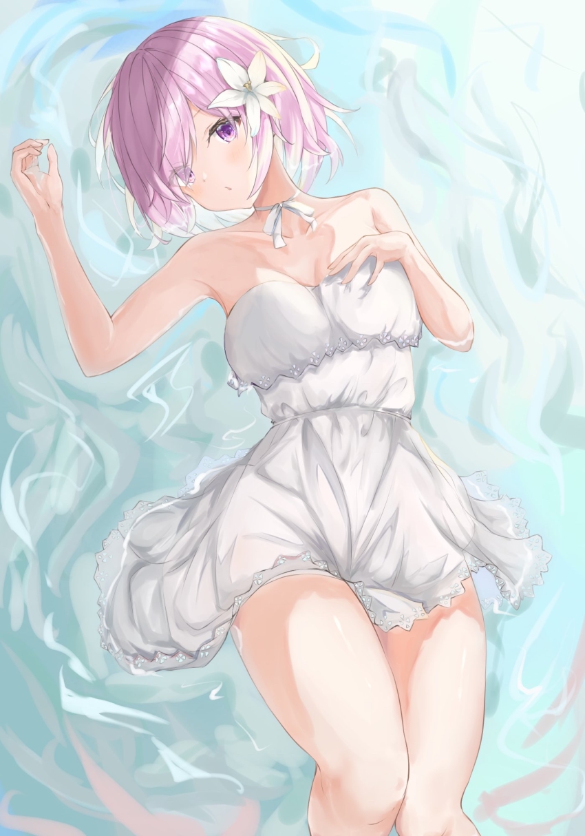 1girl dress fate/grand_order fate_(series) flower hair_flower hair_ornament hair_over_one_eye highres knees_together_feet_apart looking_at_viewer lying mash_kyrielight mash_kyrielight_(formal_dress) mikanagi_yuri neck_ribbon official_alternate_costume partially_submerged purple_hair ribbon solo strapless thighs water white_dress white_flower white_ribbon