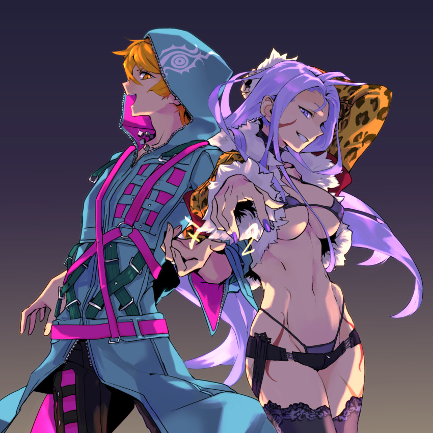 1boy 1girl 7th_dragon_(series) 7th_dragon_2020 7th_dragon_2020-ii andras_(megido72) animal_print arm_up armband belt black_shorts bra breasts choker commentary_request cosplay cowboy_shot earrings facial_tattoo fur-trimmed_jacket fur_trim gradient_background grin hair_between_eyes highres hood hooded_coat jacket jewelry lace lace-trimmed_thighhighs lace_trim leopard_print light_purple_hair long_hair looking_at_viewer medium_breasts megido72 micro_panties micro_shorts multiple_belts nail_polish navel necklace open_mouth orange_eyes orange_hair ose_(megido72) outstretched_arm panties psychic_(7th_dragon) psychic_(7th_dragon)_(cosplay) purple_bra purple_eyes purple_nails purple_panties scar scar_on_leg sea_chicken_(umichicken) short_hair shorts smile tattoo thighhighs underwear
