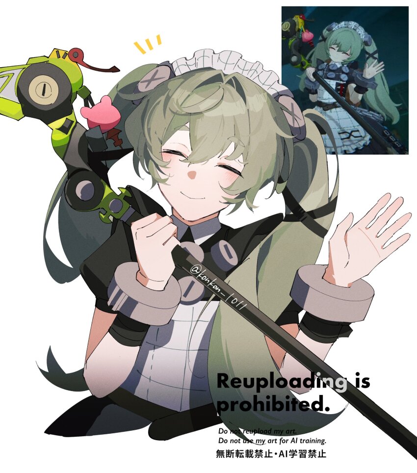 1girl apron charm_(object) closed_eyes commentary_request corin_wickes cuffs facing_viewer green_hair hair_between_eyes hand_up highres holding holding_weapon kon_(konkon_1011) long_hair maid maid_apron maid_headdress notice_lines puffy_short_sleeves puffy_sleeves reference_inset screenshot_inset short_sleeves simple_background smile solo twintails twitter_username waving weapon weapon_charm white_background zenless_zone_zero