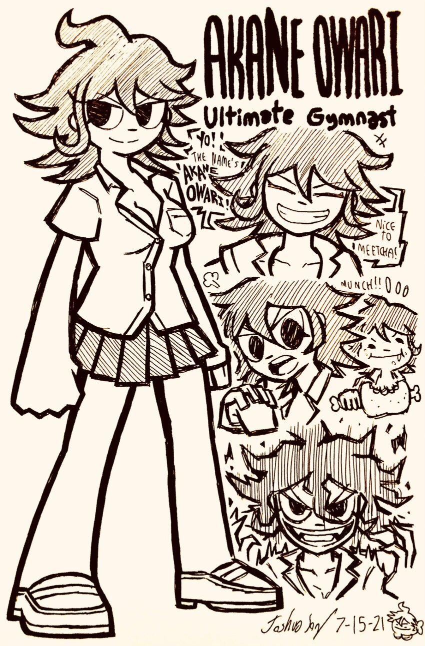 1girl boned_meat breasts character_name cleavage clenched_hands closed_eyes closed_mouth danganronpa_(series) danganronpa_2:_goodbye_despair dated doodle_inset eating english_text fangs food full_body greyscale hatching_(texture) highres josh-s26 meat medium_hair monochrome multiple_views open_mouth owari_akane puff_of_air shirt shoes short_sleeves signature simple_background skirt speech_bubble teeth upper_teeth_only v-shaped_eyebrows white_background