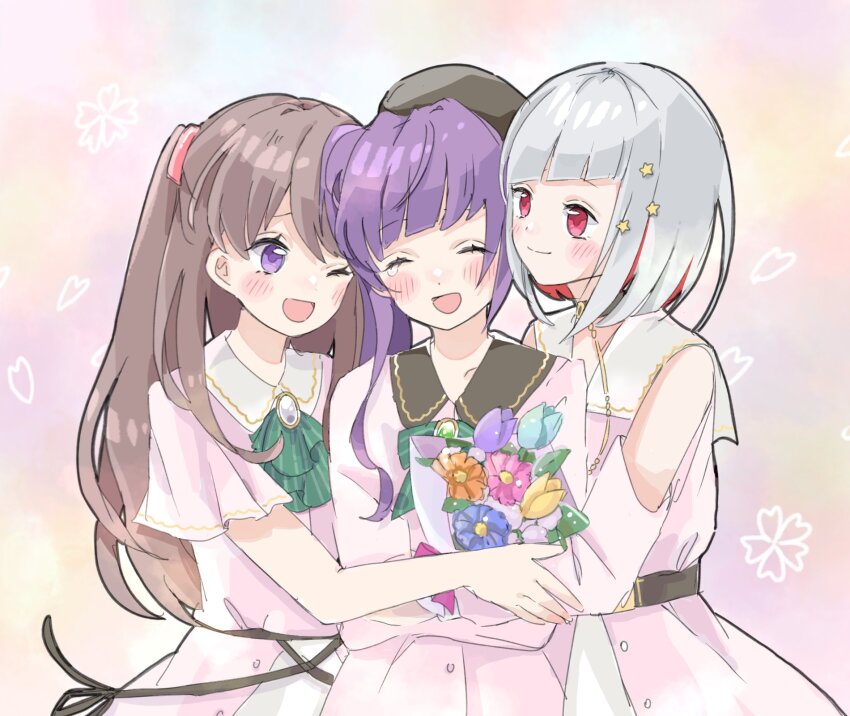 3girls :d ;d ^_^ ascot bare_shoulders blue_background blue_flower blue_tulip blush bouquet closed_eyes closed_mouth clothing_cutout collarbone collared_dress colorful_background commentary_request dream_believers dress flower frilled_ascot frills fujishima_megumi gerbera gradient_background green_ascot green_ribbon group_hug highres holding holding_bouquet hug link!_like!_love_live! looking_at_another love_live! momoi_shigeki multiple_girls neck_ribbon official_alternate_costume one_eye_closed open_mouth orange_flower otomune_kozue pink_background pink_dress pink_flower purple_eyes purple_flower purple_tulip ribbon shoulder_cutout smile split_mouth tulip upper_body virtual_youtuber yellow_background yellow_flower yellow_tulip yugiri_tsuzuri