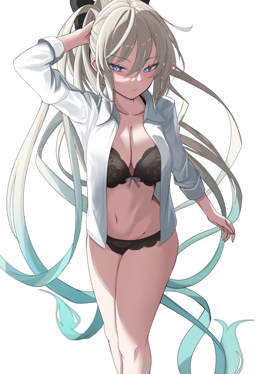 1girl absurdres black_bow black_bra black_panties blue_eyes blush bow bra braid breasts center_opening cleavage collared_shirt fate/grand_order fate_(series) grey_hair hair_bow half_up_braid highres large_breasts long_hair morgan_le_fay_(fate) navel nigori_(keydoor) open_clothes open_shirt panties ponytail shirt sidelocks solo thighs underwear very_long_hair white_background white_shirt