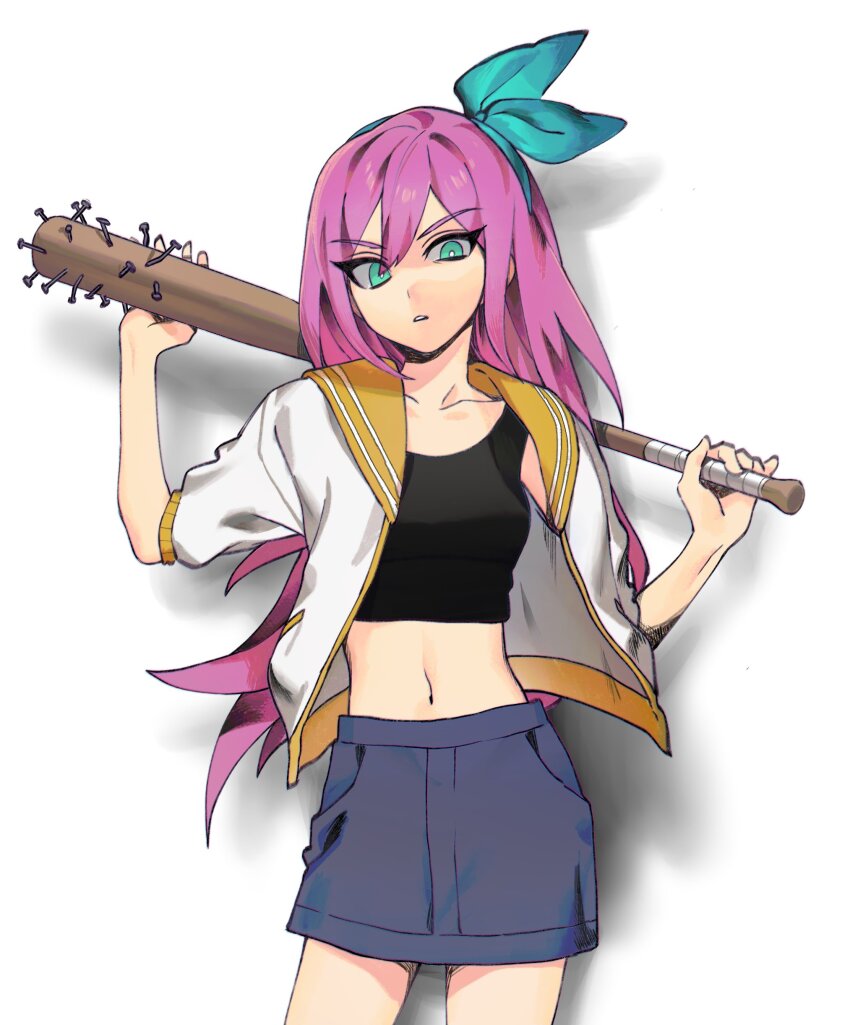 1girl absurdres aqua_hairband aubrey_(faraway)_(omori) aubrey_(omori) baseball_bat black_tank_top blue_skirt bow_hairband bright_pupils collarbone contrapposto cowboy_shot denim denim_skirt double-parted_bangs green_eyes hair_between_eyes hairband hands_up highres holding holding_baseball_bat jacket long_hair looking_at_viewer midriff miniskirt nail nail_(hardware) nail_bat navel omo_oo omori open_clothes open_jacket orange_sailor_collar parted_lips pink_hair sailor_collar shadow short_sleeves simple_background skirt solo source_request tank_top third-party_source v-shaped_eyebrows white_background white_jacket white_pupils