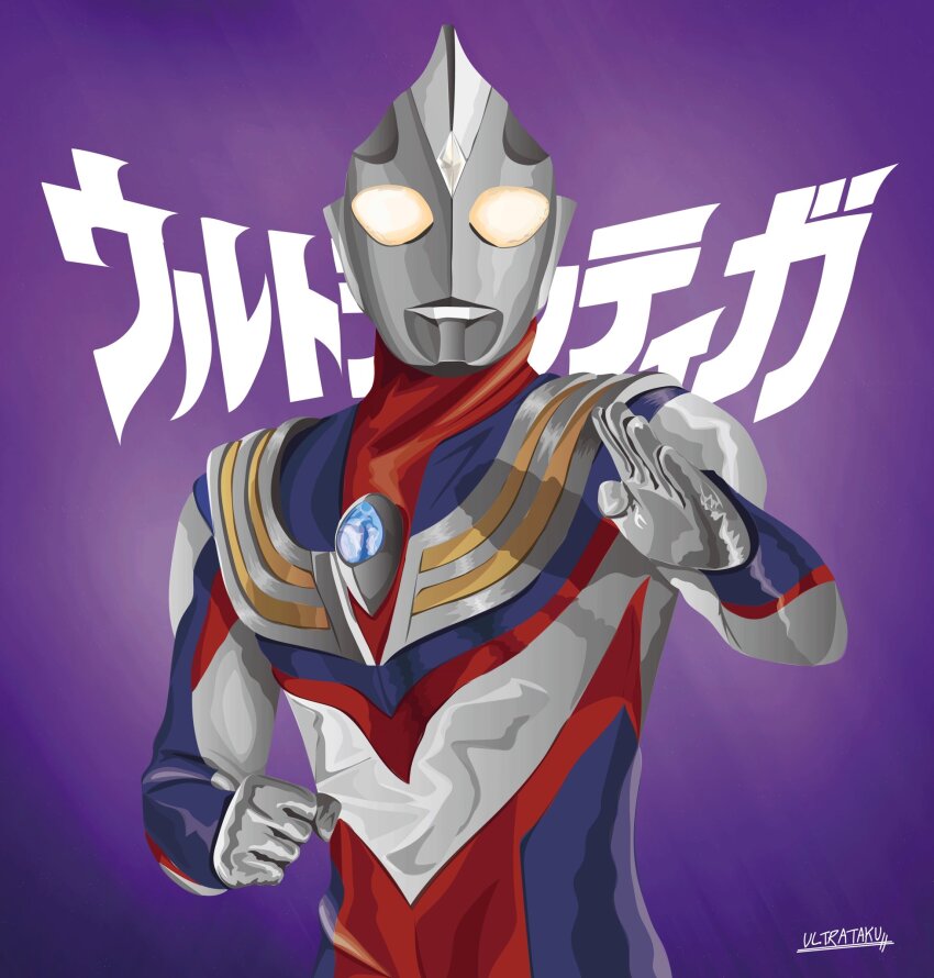 1boy alien arm_up armor artist_name breastplate character_name clenched_hand color_timer commentary compound_eyes dorsal_fin fighting_stance forehead_jewel glowing glowing_eyes highres looking_at_viewer male_focus multi_type_(ultra_series) no_humans purple_background signature solo tokusatsu ultra_series ultraman_tiga ultraman_tiga_(multi_type) ultraman_tiga_(series) ultrataku upper_body yellow_eyes