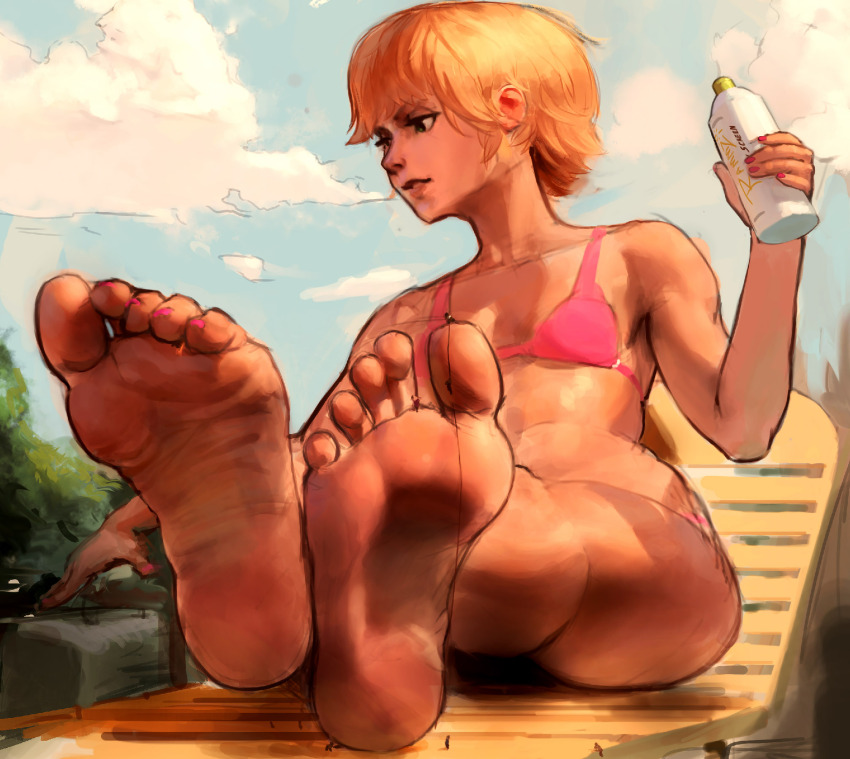1girl barefoot bikini blonde_hair cloud deck_chair drink foot_focus foreshortening holding mini_person multiple_boys nail_polish nature original outdoors pink_bikini pink_toenails rammzi short_hair sitting sky soles swimsuit toes