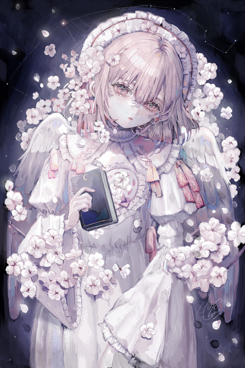 1girl absurdres bonnet book cherry_blossoms closed_mouth collared_dress commentary_request constellation cowboy_shot crescent dress feathered_wings flower hair_flower hair_ornament highres holding holding_book isshiki_shime juliet_sleeves long_sleeves looking_at_viewer original pale_skin petals pink_eyes pink_hair pink_ribbon puffy_sleeves ribbon short_hair solo standing star_(sky) white_dress white_wings wide_sleeves wings