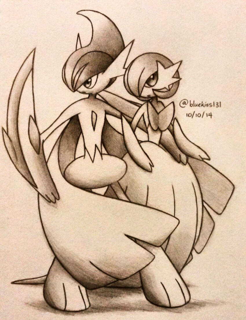 arm_blade bluukiss bob_cut cape dated dress elbow_gloves gallade gardevoir gen_3_pokemon gen_4_pokemon gloves greyscale hair_over_one_eye highres mega_gallade mega_gardevoir mega_pokemon monochrome nintendo pokemon pokemon_(creature) strapless strapless_dress weapon