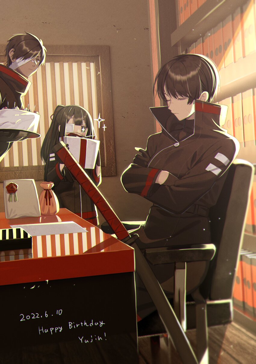 1boy 2girls absurdres black_gloves black_hair black_jacket black_shirt chair closed_eyes closed_mouth crossed_arms desk eyepatch gloves half_updo highres jacket katana library_of_ruina long_hair medical_eyepatch michael_(8m71d) multiple_girls office_chair pouch project_moon red_ribbon ribbon sheath shi_association_south_uniform shirt short_hair sparkling_eyes swivel_chair sword tenma_(project_moon) valentin_(project_moon) very_long_hair weapon window yujin_(project_moon)