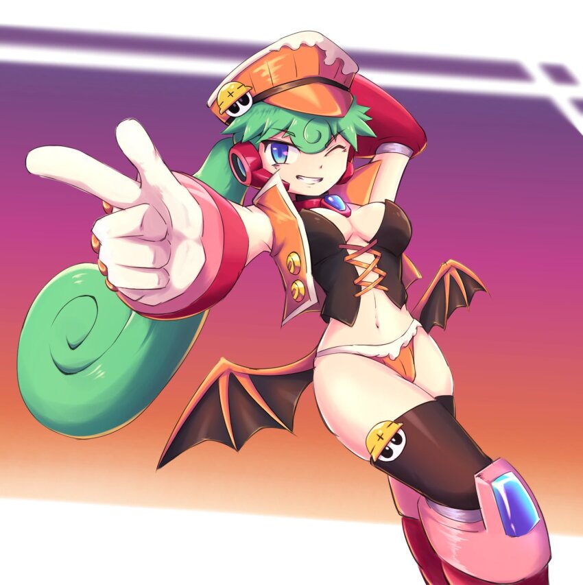 1girl black_corset blue_eyes breasts corset cowboy_shot green_hair halloween_costume highres large_breasts long_hair low_wings marino_(mega_man) mega_man_(series) mega_man_x:_command_mission mega_man_x_(series) mega_man_x_dive official_alternate_costume orange_panties orange_vest panties ponytail solo surrealmason underwear vest wings