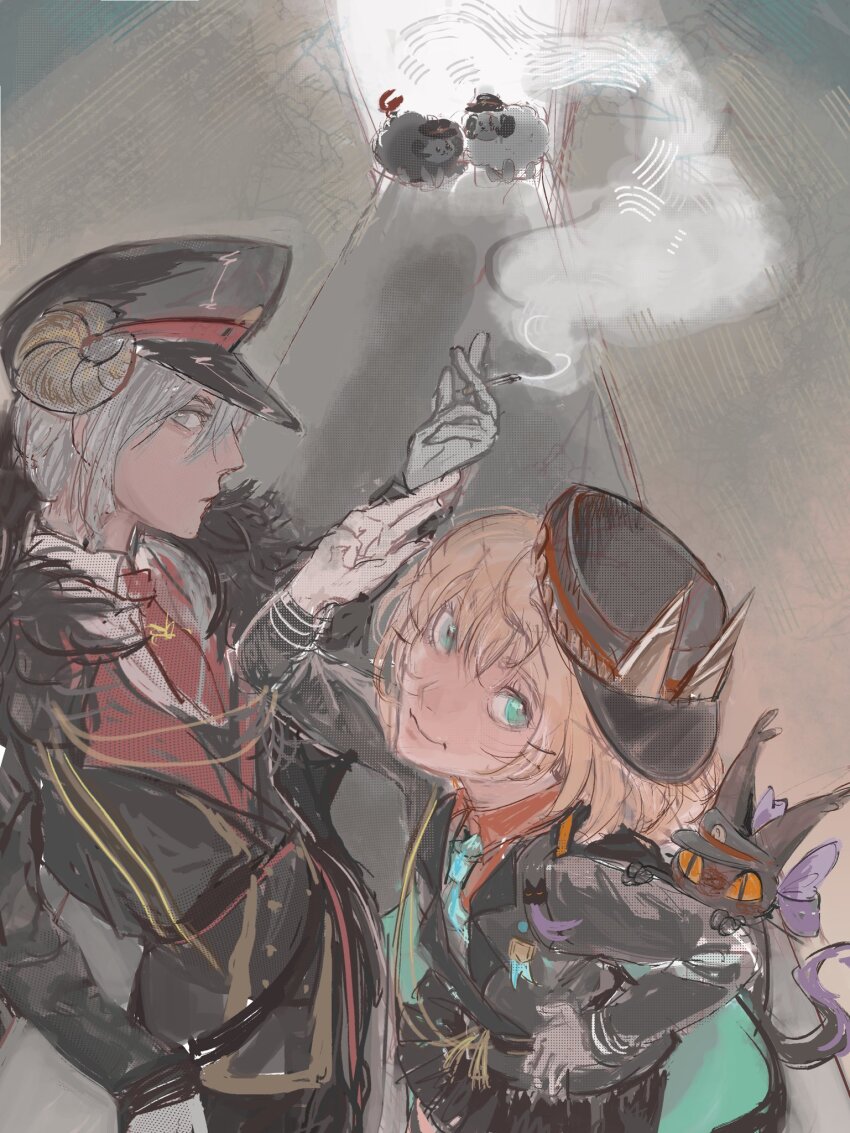 1boy 1girl aiguillette alternate_costume animal animal_on_shoulder aqua_eyes aqua_necktie badge black_hat black_jacket black_skirt blazer blonde_hair cementk1ng cigarette closed_mouth comfydant_(fulgur_ovid) expressionless from_above fulgur_ovid fur-trimmed_jacket fur_trim gloves grey_eyes grey_hair hair_ornament hairclip hallway hand_on_own_hip hat highres holding holding_cigarette horns jacket looking_at_viewer looking_up lucie_(millie_parfait) military_hat military_uniform millie_parfait necktie nijisanji nijisanji_en peaked_cap pleated_skirt red_necktie red_shirt salute sheep sheep_horns shirt short_hair skirt smile smoke smoke_trail tie_clip two-finger_salute vest waistcoat white_gloves white_shirt