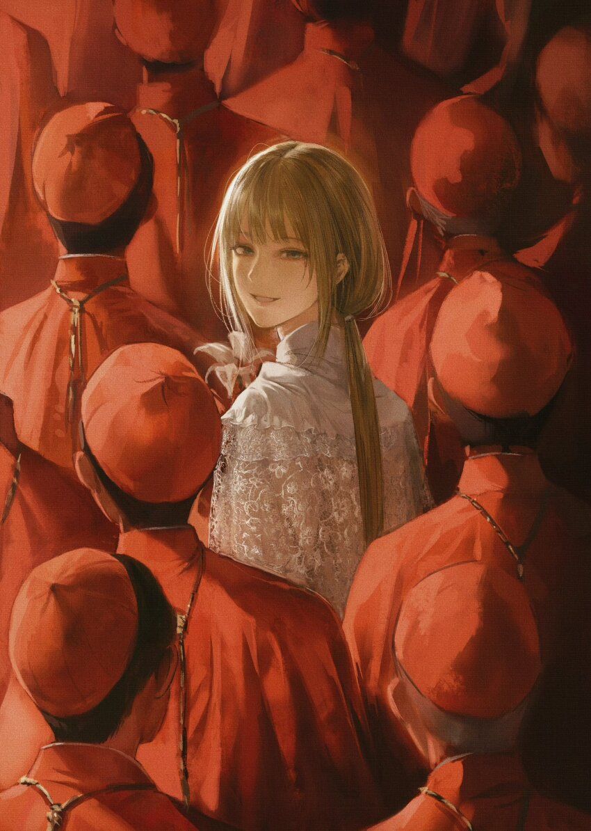 1girl 6+boys black_hair blonde_hair cardinal dress flower green_eyes hat highres jacket long_hair looking_at_viewer looking_back multiple_boys open_mouth original people red_hat red_jacket seapall white_dress white_flower