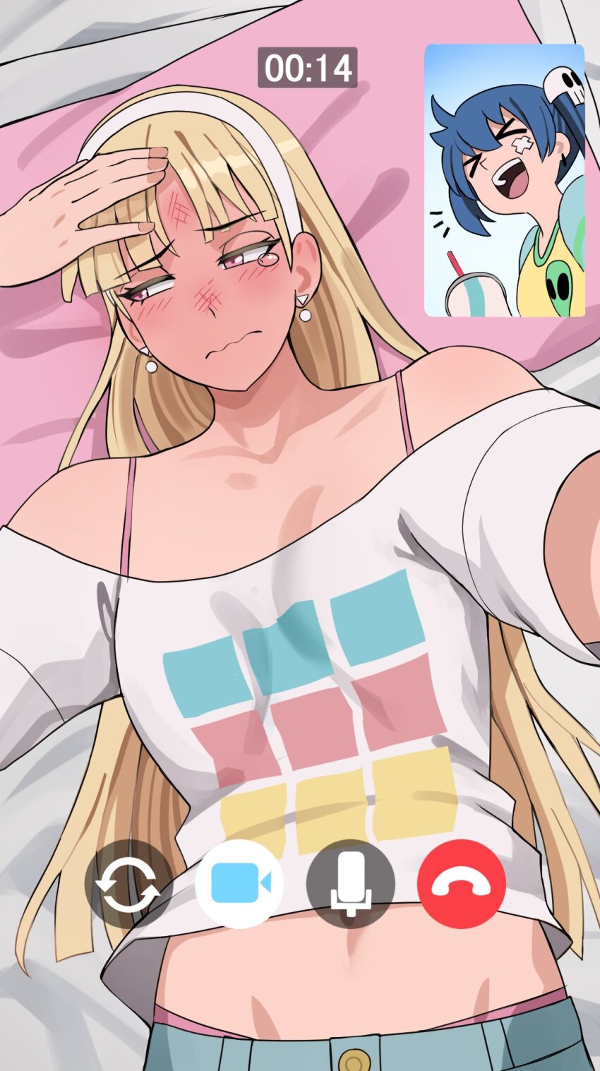 &gt;_&lt; 2girls :d arm_up bed_sheet blonde_hair blue_hair blue_pants blush breasts claire_volikova closed_mouth cup disposable_cup drinking_straw full-face_blush groin hair_ornament highres ji-yoon_(jourd4n) jourd4n long_hair looking_to_the_side lying medium_breasts multiple_girls navel notice_lines off-shoulder_shirt off_shoulder on_back open_mouth original panties pants pillow pink_eyes pink_panties raglan_sleeves reaching reaching_towards_viewer shirt skull_hair_ornament smile tears twintails underwear very_long_hair video_call wavy_mouth white_shirt xd yellow_shirt