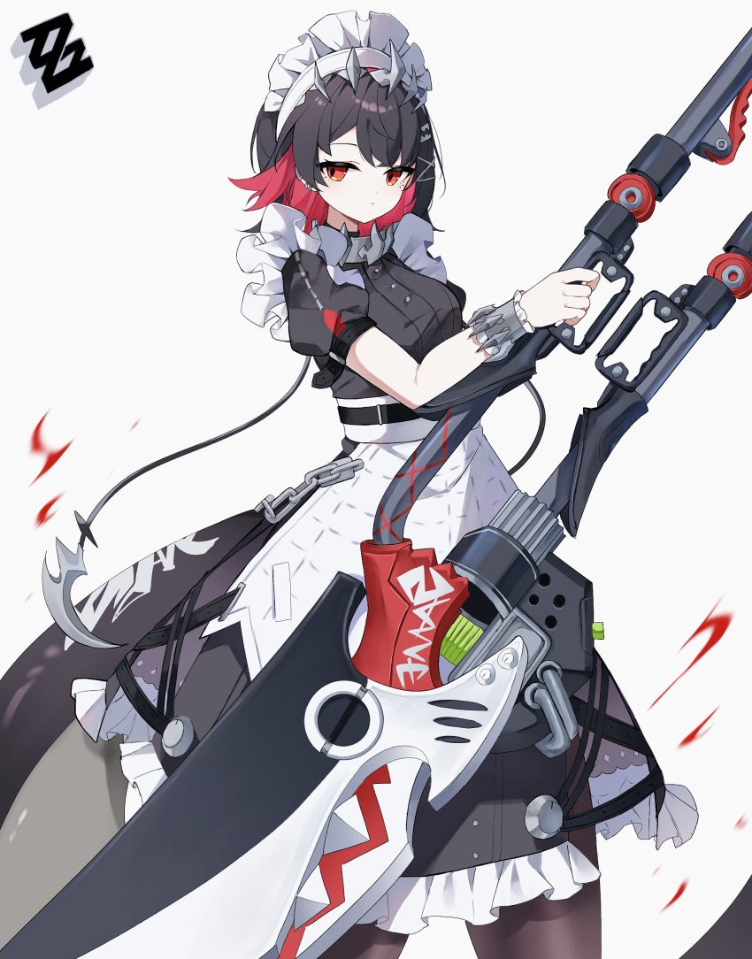 1girl absurdres black_hair blood blood_splatter breasts colored_inner_hair dress ellen_joe fins fish_tail frilled_wristband highres large_breasts logo looking_at_viewer maid maid_headdress metal_hairband mole mole_on_arm mole_under_eye multicolored_hair nirako_mona pantyhose red_eyes red_hair shark_girl shark_tail short_hair short_sleeves simple_background solo spiked_headband tail two-tone_hair zenless_zone_zero