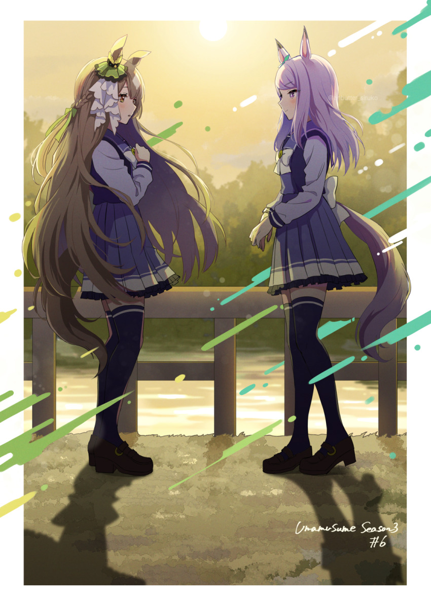 2girls anbutter_siruko animal_ears aqua_bow back_bow border bow bowtie commentary_request copyright_name ear_bow ear_ornament frilled_skirt frills from_side full_body highres horse_ears horse_girl loafers long_sleeves looking_at_another mejiro_mcqueen_(umamusume) multiple_girls pleated_skirt purple_serafuku purple_shirt purple_skirt purple_thighhighs sailor_collar sailor_shirt satono_diamond_(umamusume) school_uniform serafuku shirt shoes skirt thighhighs tracen_school_uniform umamusume white_border white_bow white_bowtie winter_uniform