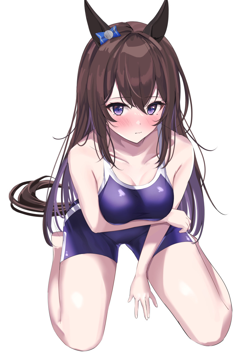 1girl absurdres animal_ears arm_under_breasts bare_shoulders blue_one-piece_swimsuit blush bow breasts deep_impact_(umamusume) ear_bow hair_between_eyes hair_ornament highres horse_ears horse_girl horse_tail long_hair looking_at_viewer one-piece_swimsuit purple_eyes purple_sweater school_swimsuit simple_background sitting solo sweater swimsuit tail thighs umamusume v_a_i_r wariza white_background