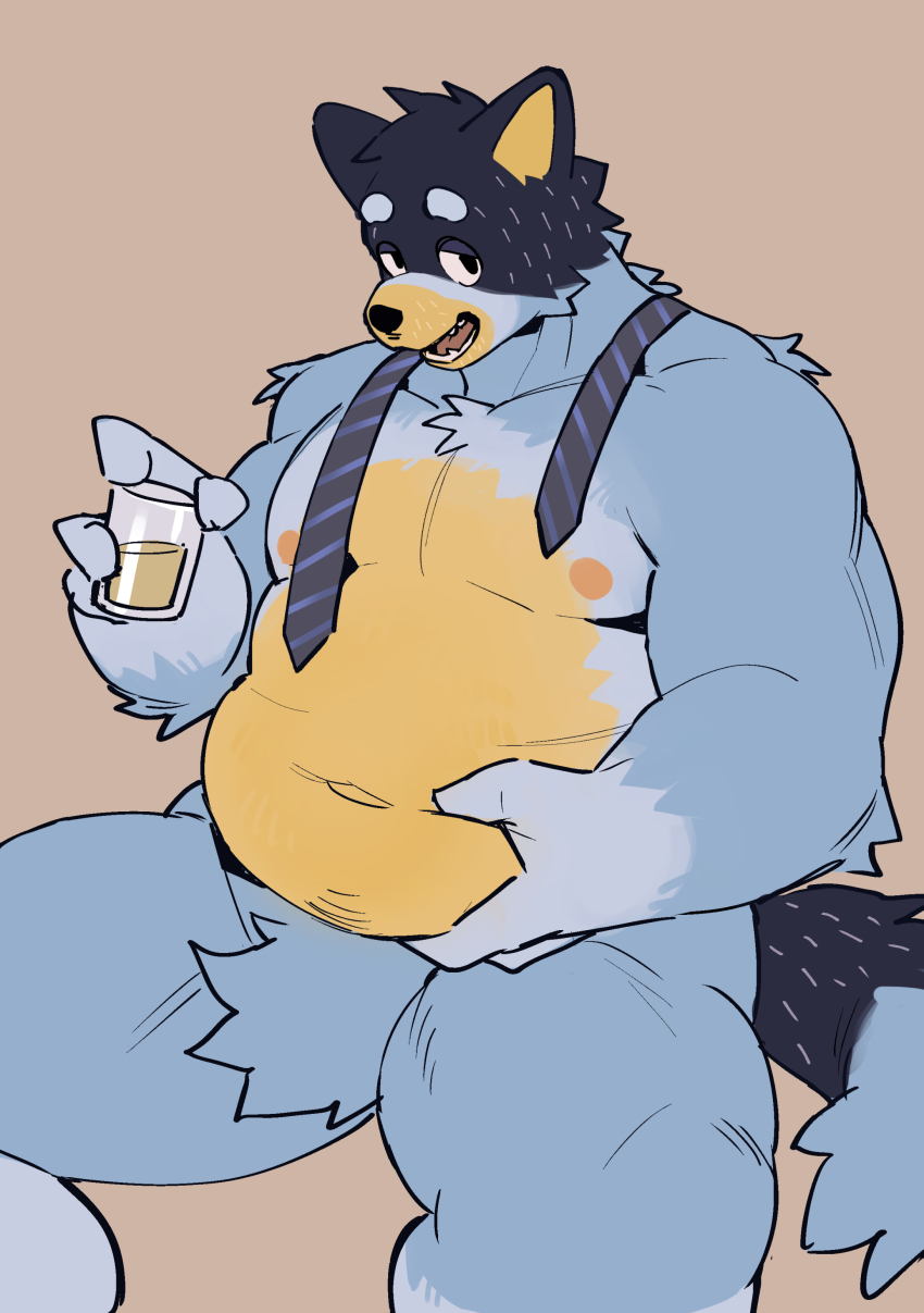 1boy 9x8bit absurdres alternate_body_size bandit_heeler bara belly belly_grab black_hair blue_fur bluey cup dog_boy facial_hair fat fat_man fur_censor furry furry_male head_tilt highres holding holding_cup large_hands large_pectorals male_focus mature_male muscular muscular_arms muscular_male necktie necktie_over_shoulder nude pectorals sanpaku seductive_smile short_hair sitting smile sparse_navel_hair spread_legs stomach stubble thick_eyebrows thighs undone_necktie