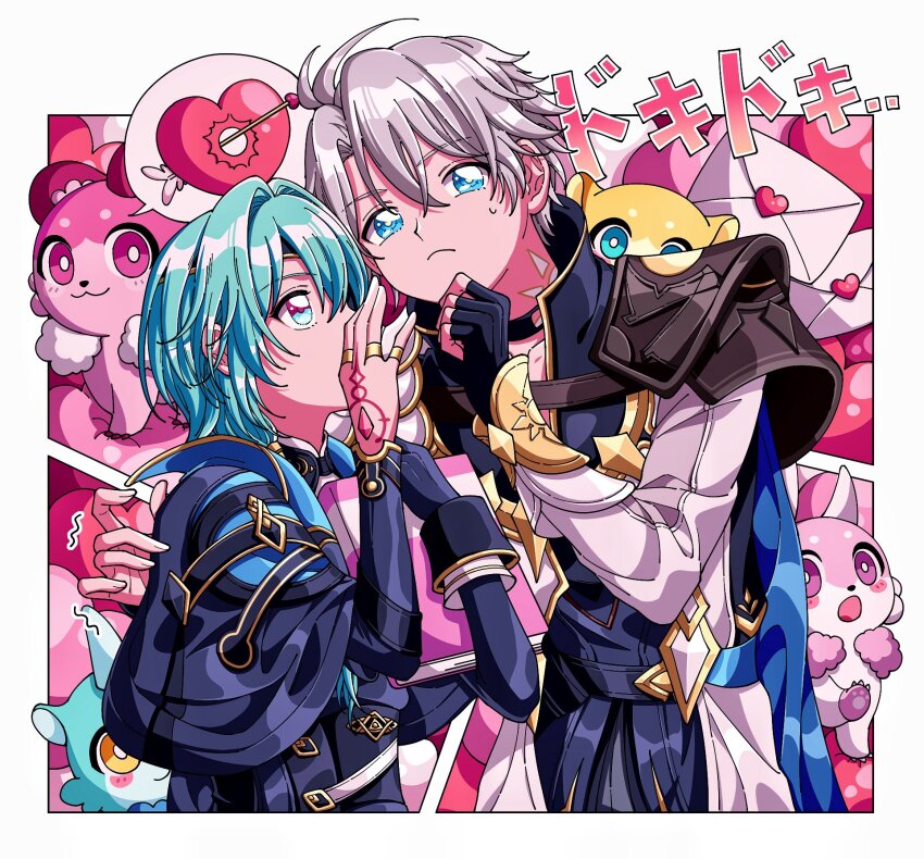 2boys anaxa_(honkai:_star_rail) antenna_hair aqua_hair black_gloves black_jacket blue_eyes chimera_(honkai:_star_rail) closed_mouth coat creature fingerless_gloves gloves grey_hair hands_up highres honkai:_star_rail honkai_(series) jacket male_focus medium_hair multicolored_eyes multiple_boys neck_tattoo phainon_(honkai:_star_rail) pink_eyes red_tattoo secretmirage short_hair sweatdrop tattoo two-tone_eyes upper_body white_coat